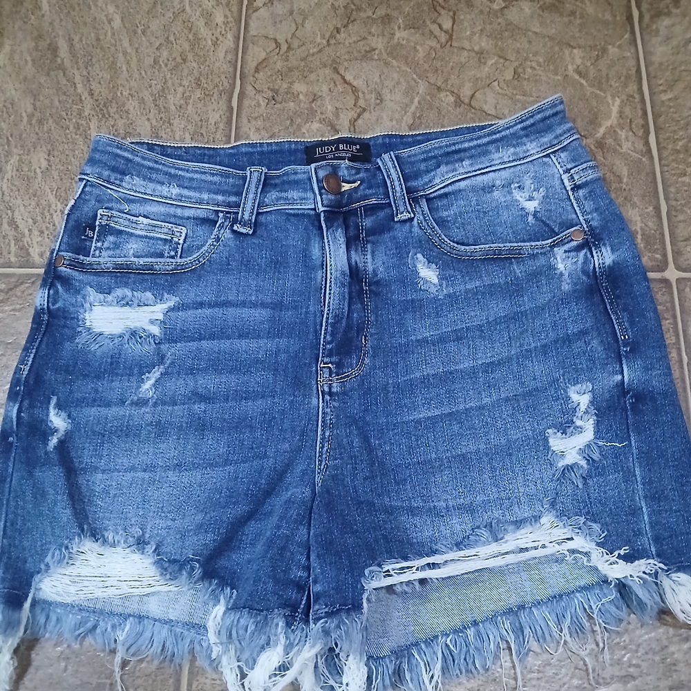 Judy Blue Women's Distressed Denim Shorts - Blue Sz Large Denim Casual Summer
